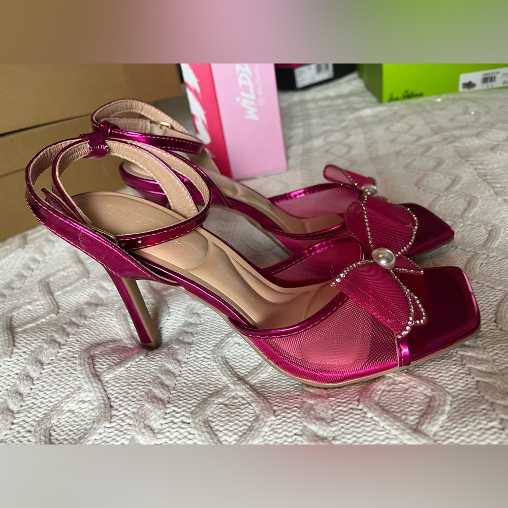 Wild Diva Comfort Elegant Fuchsia Sandal Heels with Bow Detail Various Sizes - Picture 12 of 13